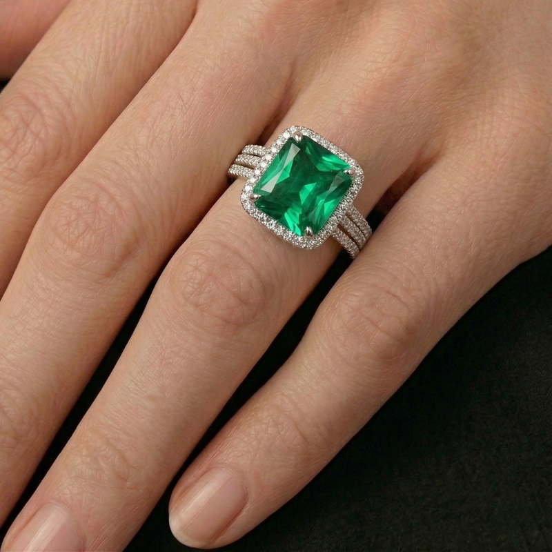 Anello Halo Princess Verde Smeraldo