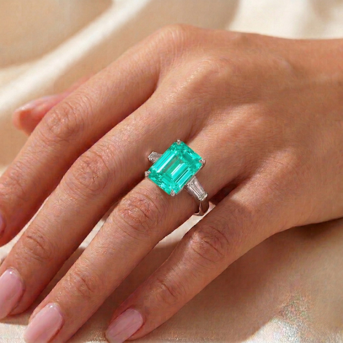 Anello Trilogy Baguette Verde Paraiba