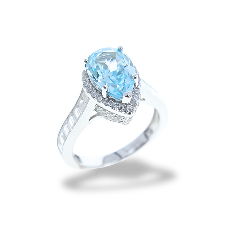Anello Goccia Halo Azzurro Acquamarina