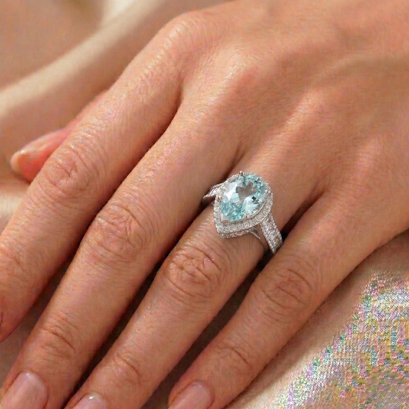 Anello Goccia Halo Azzurro Acquamarina