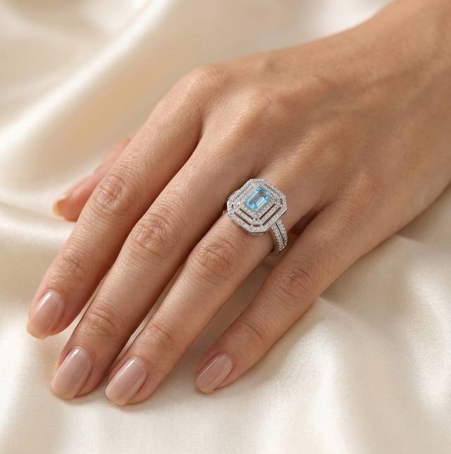 Anello Deco Triplo Halo Azzurro Acquamarina