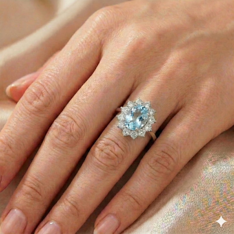 Anello Cluster Reale Azzurro Acquamarina