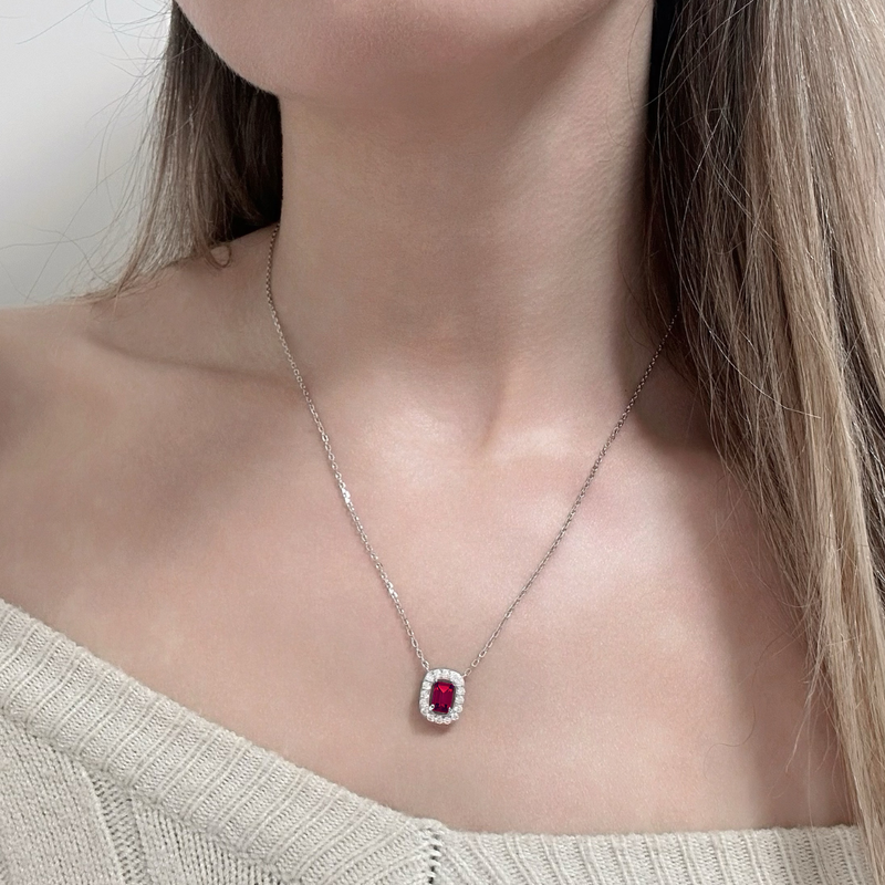 Collana Solitario Halo Rosso Rubino