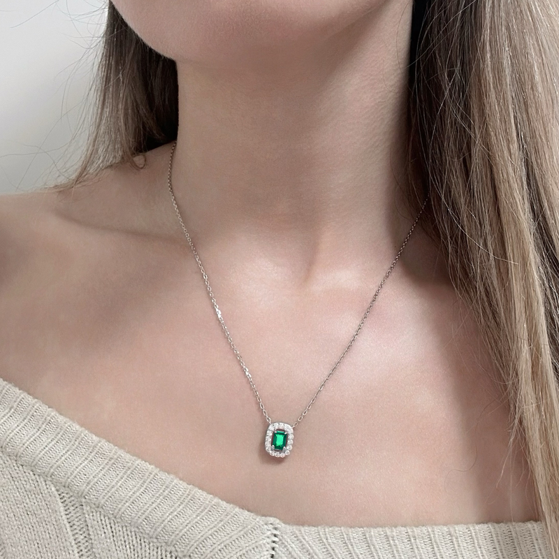 Collana Solitario Halo Verde Smeraldo