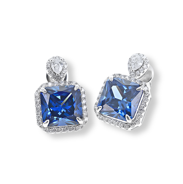 Orecchini Halo Pendente Blu Zaffiro