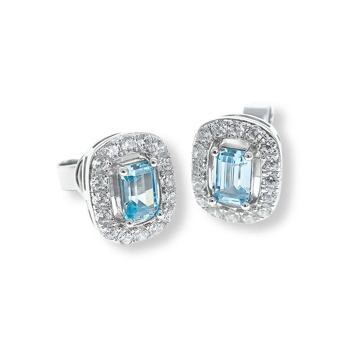 Orecchini Solitario Halo Stud Azzurro Acquamarina